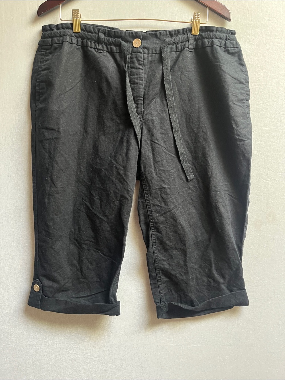 Lands' End Black Linen Cotton Blend Casual Drawstring Capri Pants 16W